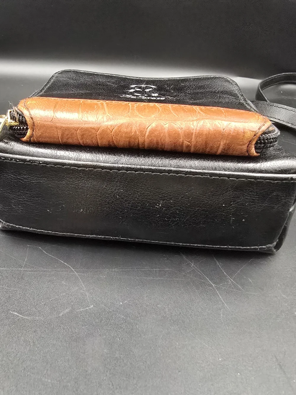 Two-Tone Black & Brown Crossbody Organizer with Gold Hardware